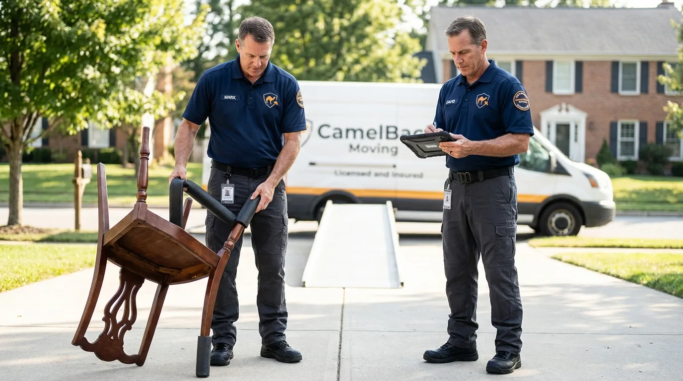 Movers inspecting furniture for damage prevention before loading in Fox River Grove, IL