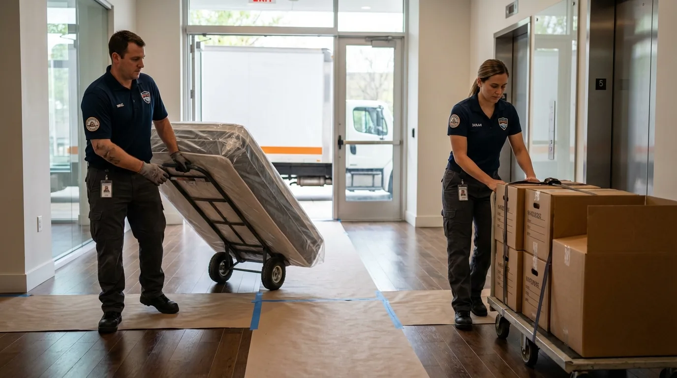 Professional apartment movers loading elevator in Fox River Grove, IL