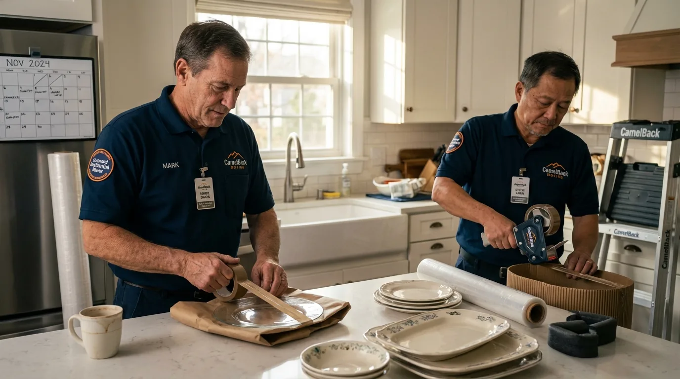 Professional crew packing kitchen dishware in Fox River Grove, IL